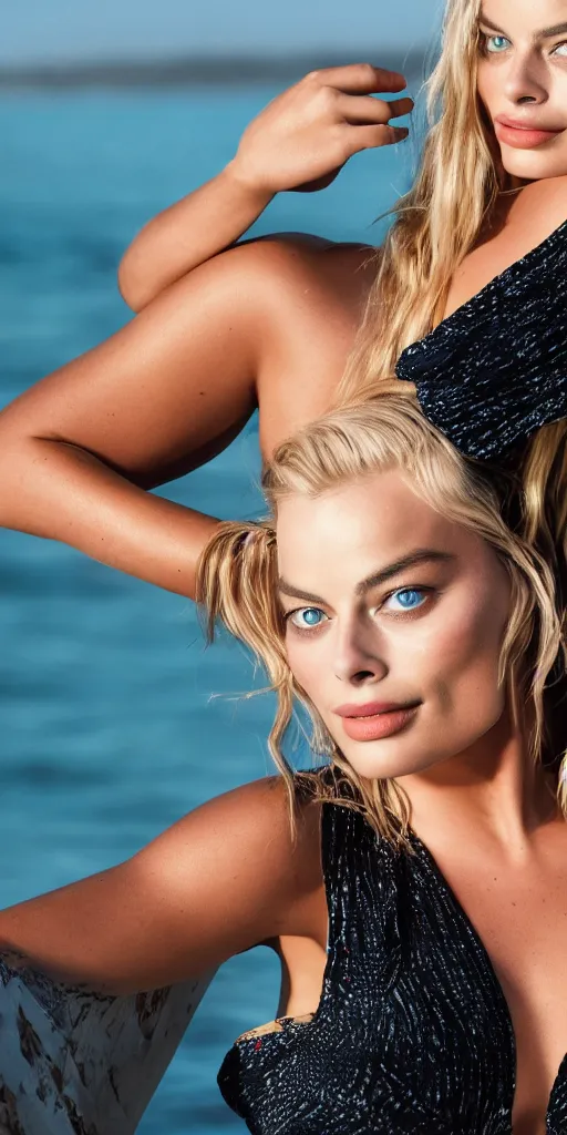 Image similar to margot robbie wearing a bikini on the beach, beautiful eyes, photography, studio lighting