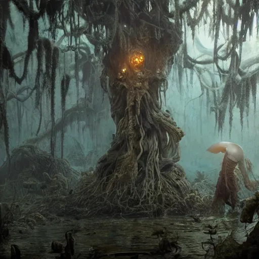 Prompt: swamp with nick nolte as a rotten stem at dusk, misty athmosphere, ultra realistic, concept art, intricate details, eerie, highly detailed, photorealistic, octane render, 8 k, unreal engine. art by ed binkley and ellen jewett and artgerm and greg rutkowski and alphonse mucha