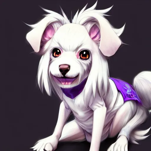 Image similar to advanced full body digital anime art, cute anime female dog hybrid, short white hair, purple watery eyes, dog paws for arms and legs and a big dog tail , full round face :: cinematic lighting, rim lighting, very highly intricately detailed, trending on pixiv :: Steven Artgerm Lau, WLOP, RossDraws, RuanJia, James Jean, Andrei Riabovitchev, Totorrl, Marc Simonetti, Visual Key, and Sakimichan