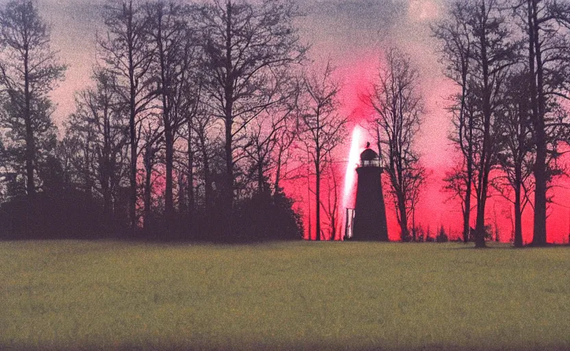 Image similar to lighthouse that shines red beam, field, night, unsettling, burning trees, photo 1998