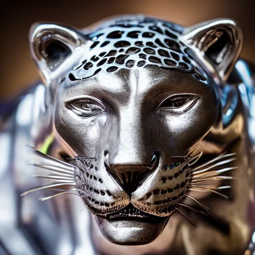 Image similar to portrait photography of a silver jaguar sculpture with glowing purple eyes