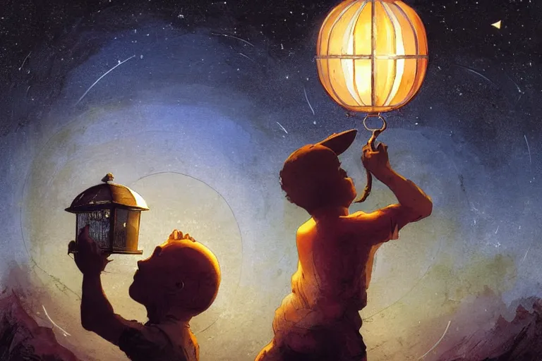 Prompt: a boy holding a lantern and looking at the stars through a dimensional window, by greg rutkowski and frank frazetta and peter mohrbacher and william blake and dan mumford