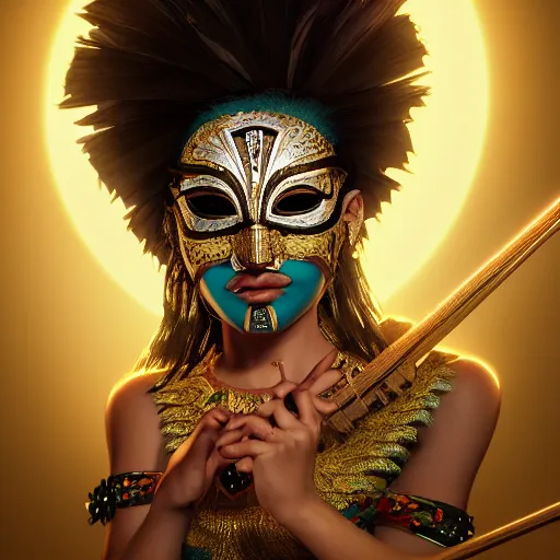 Image similar to the portrait, beautiful aztec masked female violinist, exotic costumes, gold jewelry, black hair ， illustration by wenjun lin, irakli nadar, bright colors, octopath traveler, wenjun lin, unreal engine 5 highly rendered, global illumination, radiant light, detailed and intricate environment