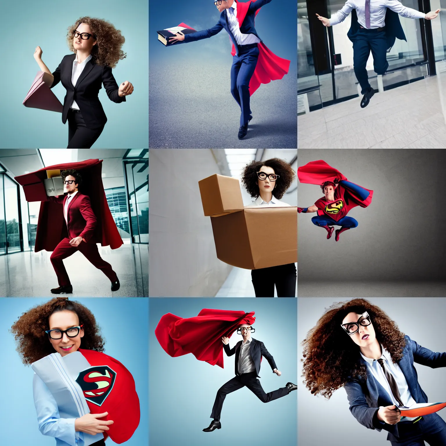 Prompt: action shot of a flying superhero consultant, carrying a portfolio, glasses, curly hair, corporate, superhuman