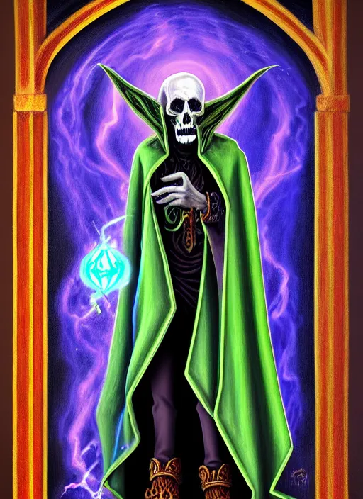 Image similar to ultradetailed painting of the necromancer, wearing a wizard cloak, crisp