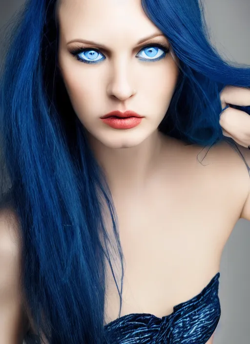 Prompt: portrait photograph of the most beautiful woman with a long dark blue hair, blue eyes, stern expression, award winning