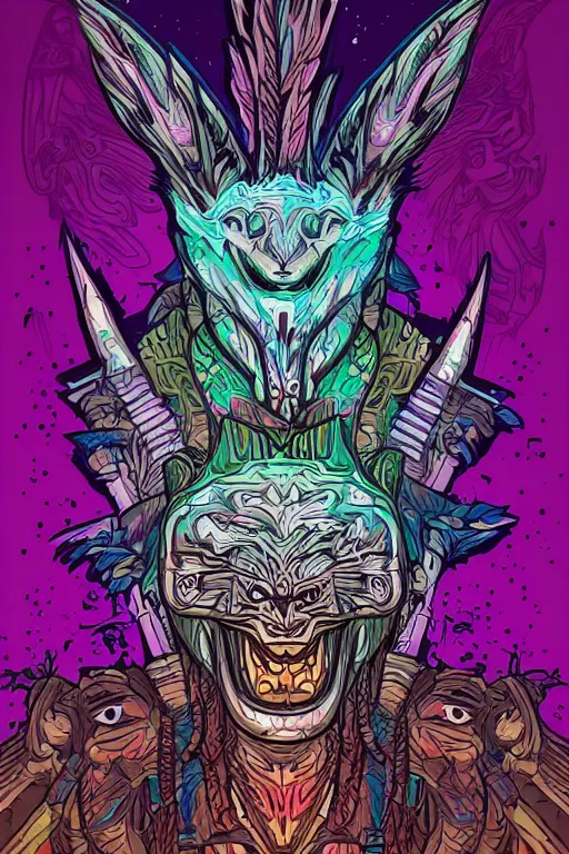 Image similar to totem animal mask tribal feather gemstone plant wood rock shaman vodoo video game vector illustration vivid multicolor borderlands comics by josan gonzales and dan mumford radiating a glowing aura