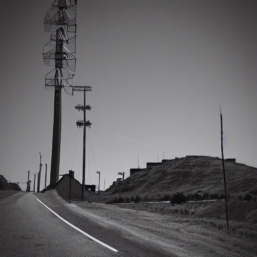Prompt: a road next to warehouses, and a hill behind it with a radio tower on top, disposable camera filter, red tint