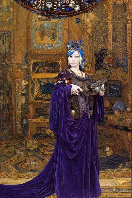 Image similar to portrait of the corvid queen by Donato Giancola and John Bauer and Vermeer, embroidered velvet, iridescent beetles, rich color, ornate headdress, flowing robes, sacred artifacts, lost civilizations,featured on Artstation, cgisociety, unreal engine, extremely detailed