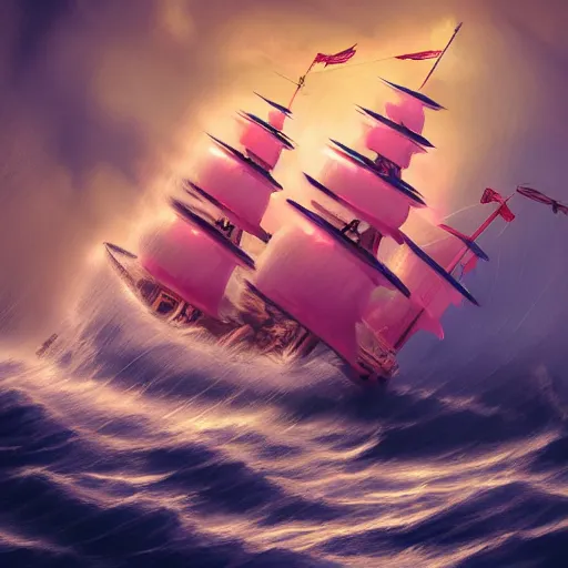 Image similar to pink-painted galleon ship sailing through a storm, rough seas, lightning, video game concept art, trending on artstation