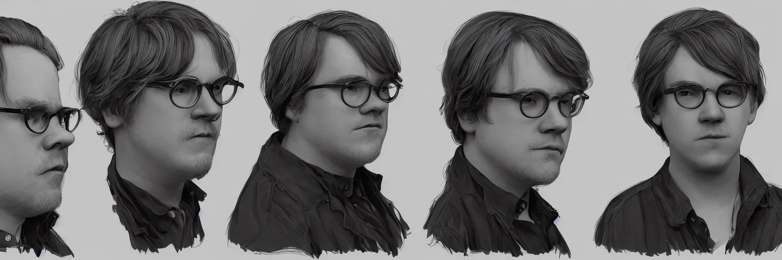 Image similar to character study of philip seymour hoffman and paul dano, 2 0 2 2, clear faces, emotional, character sheet, fine details, concept design, contrast, kim jung gi, pixar and da vinci, trending on artstation, 8 k, full body and head, turnaround, front view, back view, ultra wide angle