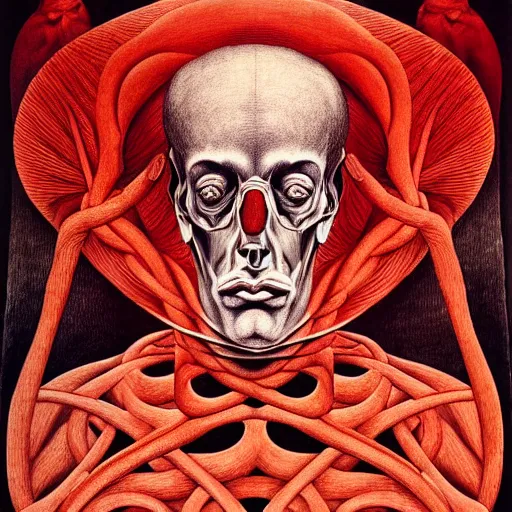 Prompt: red conceptual post - mortem monumental portrait made by escher and william blake and salvador dali, highly conceptual art, intricate detailed painting, illustration sharp detail, manga 1 9 9 0