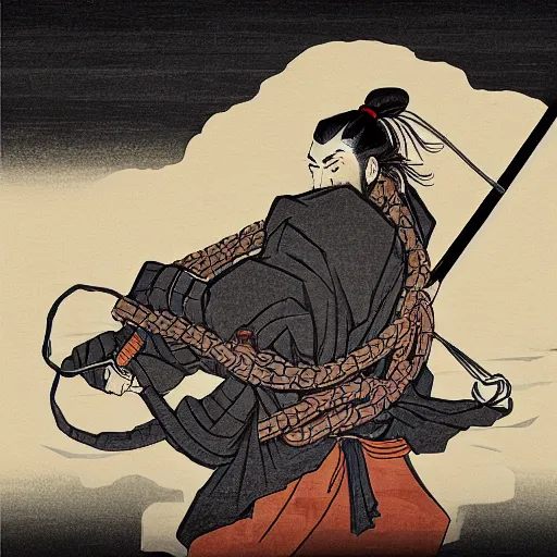 Image similar to by hokusai, samurai man vagabond, the samurai is wrapped in chains, detailed, editorial illustration, matte print, concept art, ink style, sketch, digital 2 d