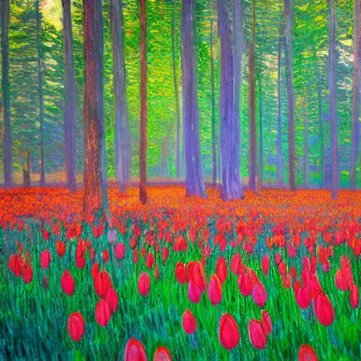Prompt: Wild tulips in a natural forest in monet style