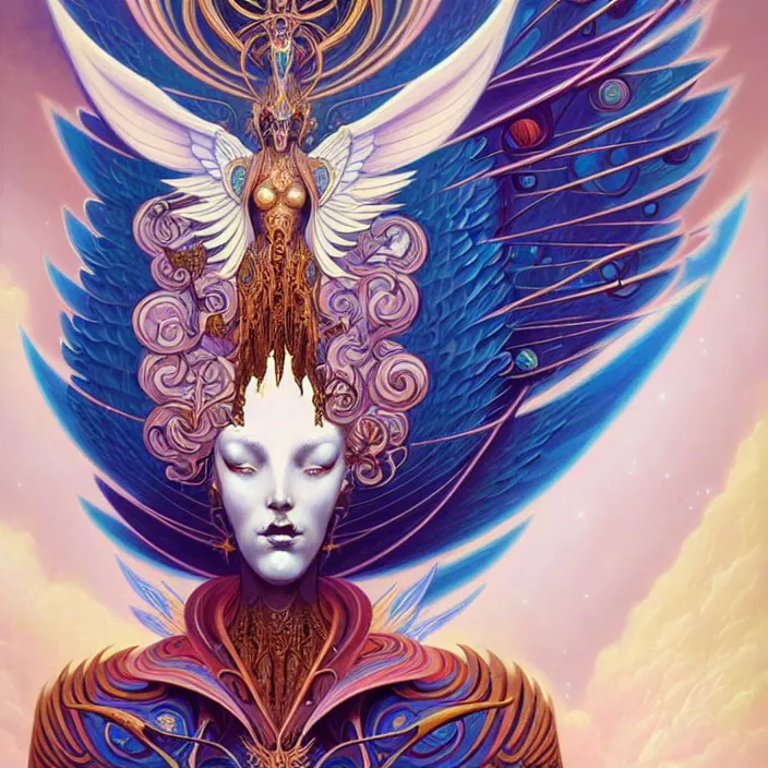 Prompt: stylized painting of an psychedelic angelic celestial being mythical creature by peter mohrbacher, by philippe druillet trending on artstation, winged head, many wings body, white and gold trim skin, sacred geometry, esoteric art