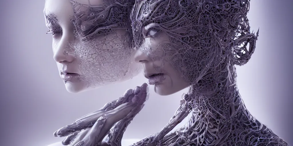 Prompt: realistic photography of a beautiful cyborg androgynous humanoid, hand on chin, holding close, in liquid, intricate filigree, in the style of beth cavener, jin kagetsu, wlop, highly detailed, symmetry, masterpiece, concept art, ringflash, highkey lighting, ambient lighting, octane render, 8 k, artstation