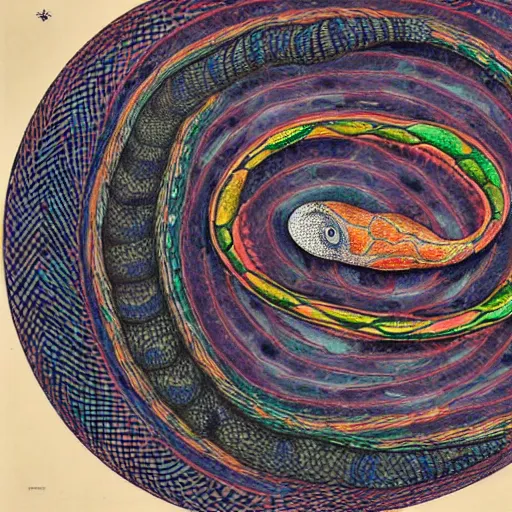 Prompt: ouroboros snake biting its own tail in a circle, tinted colours, highly detailed scales and head, painting in the style of Mark Grotjahn,