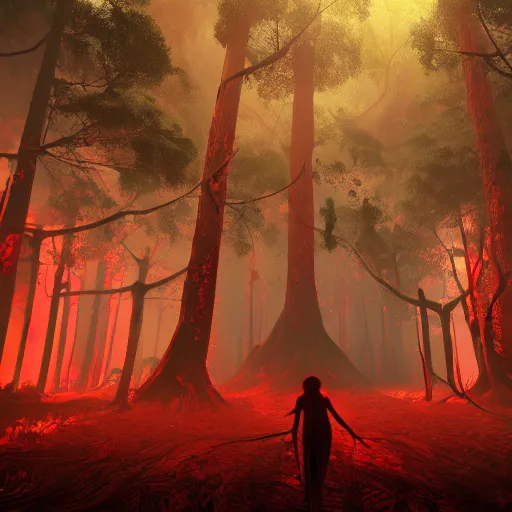 Prompt: crimson forest with a ghost and a cult in it, surreal, sharp focus, digital art, epic composition, concept art, dynamic lighting, intricate, highly detailed, 8 k, unreal engine, blender render