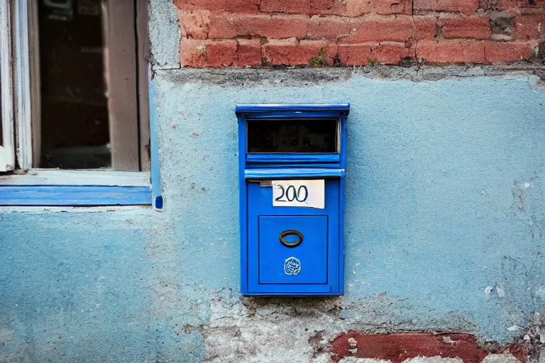 Prompt: A blue letter box in a old neighborhood, mid day, realistic shot, taken with a Leica camera, bokeh