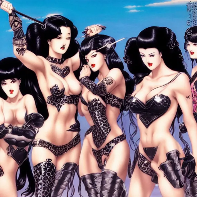 Prompt: three of beautiful goth girls fighting slavery cosplay with black hair in bikini armor, light makeup, fully tattooed, clothes fully on, art by hiroshi nagai and stanley lau and artgem and wlop and magali villeneuve and karol bak and gennady ulybin