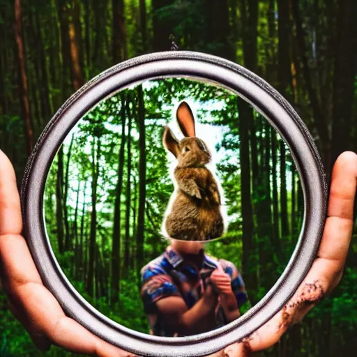 Image similar to photo of a man holding a mirror in a forest with a bunny on his shoulder