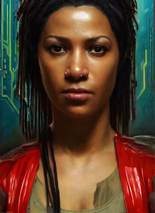 Image similar to Sonya Igwe. Beautiful Cyberpunk mechanic with robotic legs. (Cyberpunk 2077, bladerunner 2049). Iranian orientalist portrait by john william waterhouse and Edwin Longsden Long and Theodore Ralli and Nasreddine Dinet, oil on canvas. Cinematic, vivid colors, hyper realism, realistic proportions, dramatic lighting, high detail 4k