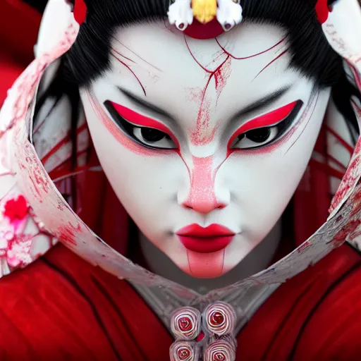 Prompt: geisha warrior ornated armor war paint, detailed, jewelry, sakura,photograph, award wining, red and white, trending on artstation, 4k, unreal engine 5, octane render, neon highlights