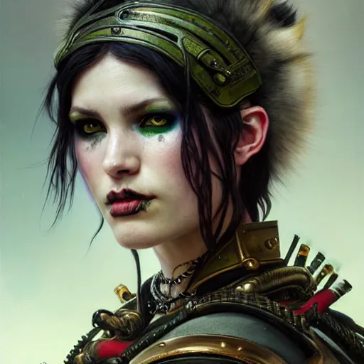 Prompt: portrait painting of a punk human warrior with green eyes and snow white fur, ultra realistic, concept art, intricate details, eerie, highly detailed, photorealistic, octane render, 8 k, unreal engine. art by artgerm and greg rutkowski and charlie bowater and magali villeneuve and alphonse mucha