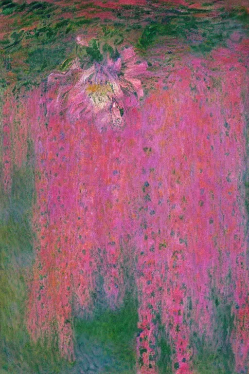 Image similar to a cluster of pink dripping clematis liquefying dripping with pink paint by claude monet by salvador dali, oil on canvas