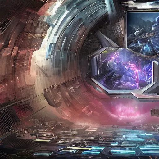 Prompt: concept art of man made sci-fi screen showing future dimensions, fantasy digital art, highly detailed