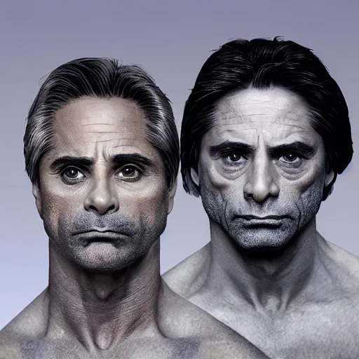 Prompt: john stamos and tony danza, focused, mugshots, photoshoot, sharp details, face photo, face details sharp, by donato giancola and greg rutkowski and wayne barlow and zdzisław beksinski, eyeballs, product photography, action figure, sofubi, studio lighting, colored gels, colored background,