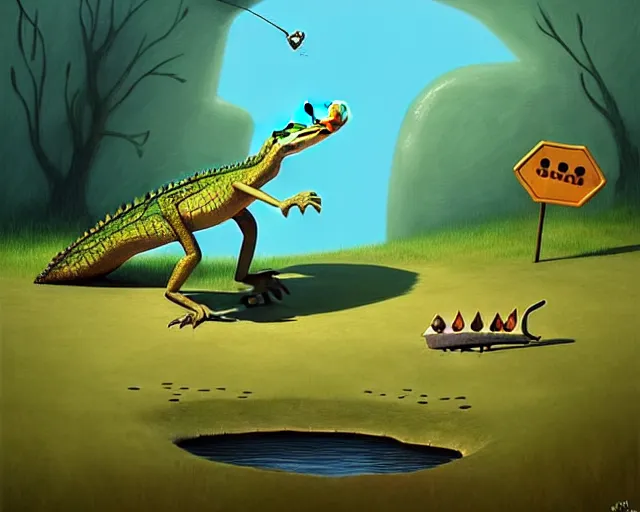 Prompt: A crocodile trying to catch a roadrunner, Funny cartoonish, by Gediminas Pranckevicius H 704