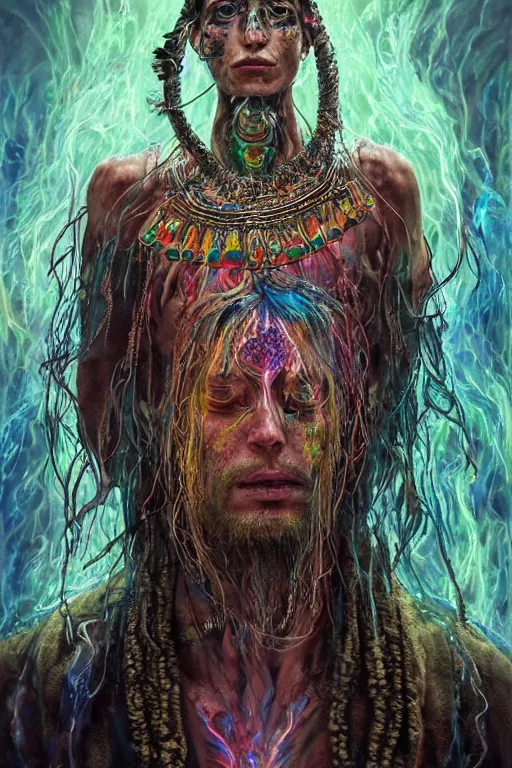 Image similar to full body psychedelic shaman with trinket necklace, epic angle and pose, symmetrical artwork, ayahuasca, translucent, fungus, energy flows of water and fire, highly detailed, epic cinematic concept art, excellent composition, dystopian brutalist atmosphere, dynamic dramatic lighting, aesthetic, very inspirational, arthouse, Greg Rutkowski, Artgerm