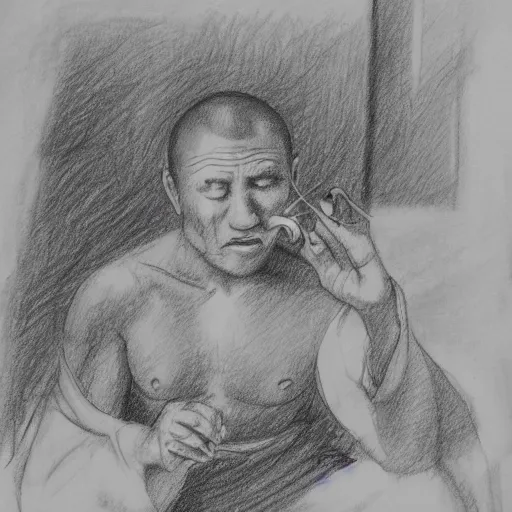 Prompt: pencil sketch of a monk drinking mead