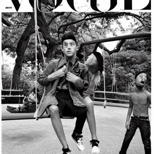 Prompt: an editorial shoot for Vogue featuring Male models sitting on playground swings, cute, harmless, silly