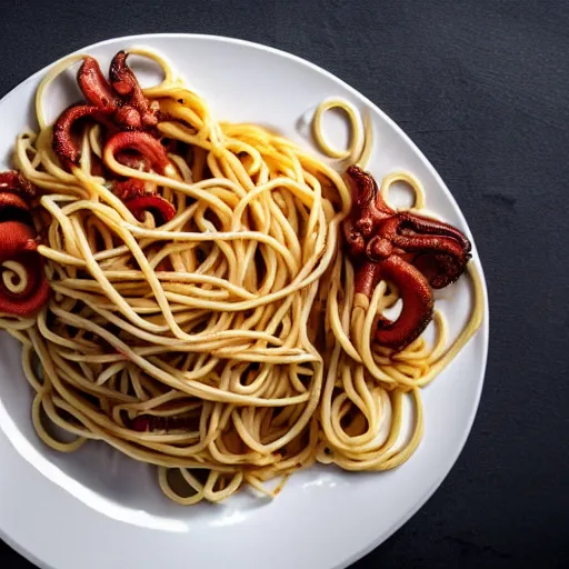 Image similar to an octopus on top of a plate of spaghetti, professional photography