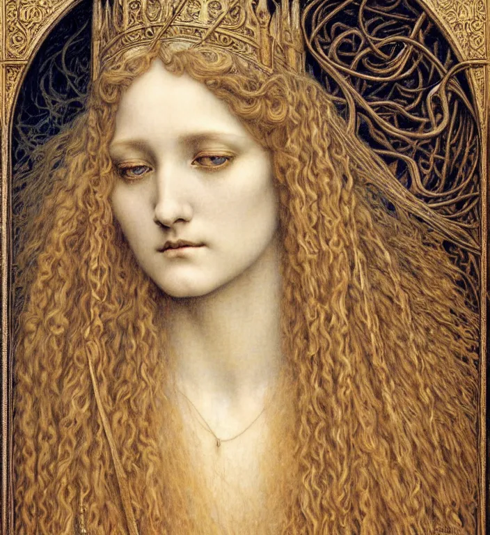 Image similar to detailed realistic beautiful young medieval queen face portrait by jean delville, gustave dore and marco mazzoni, art nouveau, symbolist, visionary, gothic, pre - raphaelite. horizontal symmetry