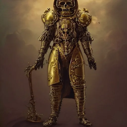 Image similar to anthropomorphic shiba inu, gold armor, standing on hill, graveyard full of bones and skulls, stuning fantasy 3 d render, masterpiece, glowing dark aura, by donato giancola and greg rutkowski and wayne barlow and zdzisław beksinski, realistic face