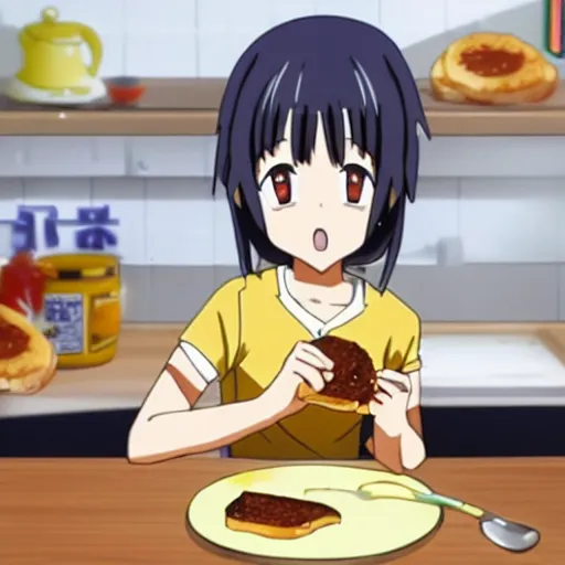 Prompt: mizuki from boku girl eating vegemite on toast disgustedly in anime style