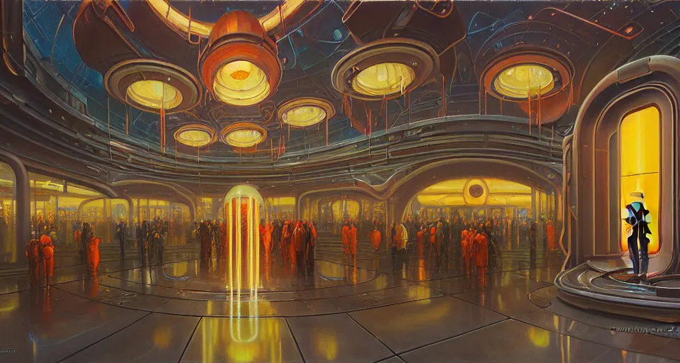 Image similar to a minimalist oil painting by donato giancola, warm coloured, cinematic scifi bioluminescent luxurious futuristic foggy steam filled art deco garden circular shopping mall interior with microscopy minimalist giant windows flowers growing out of pretty bulbous ceramic fountains, gigantic pillars and flowers, maschinen krieger, beeple, star trek, star wars, ilm, star citizen