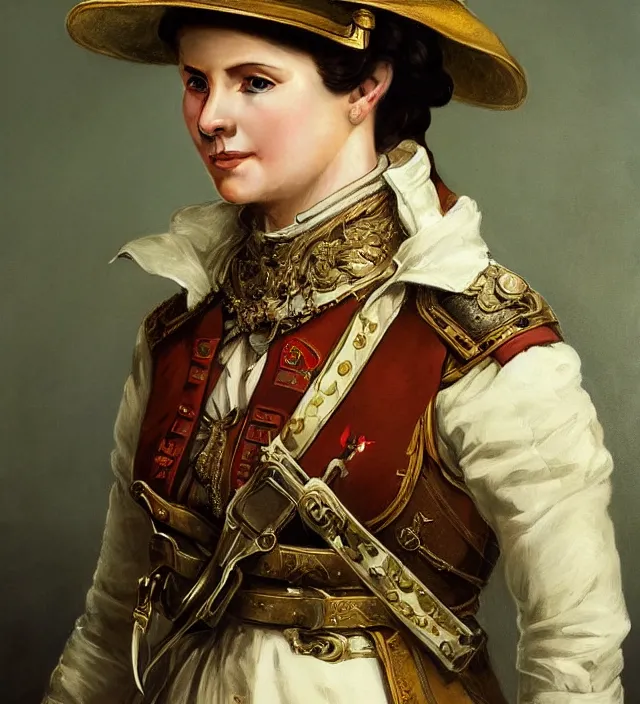 Image similar to portrait of an swiss woman wearing a traditional nineteenth century swiss empire military uniform, metal shoulder pauldrons, intricate, highly detailed, digital painting, artstation, concept art, sharp focus, cinematic lighting, illustration, art by artgerm and greg rutkowski, alphonse mucha, cgsociety