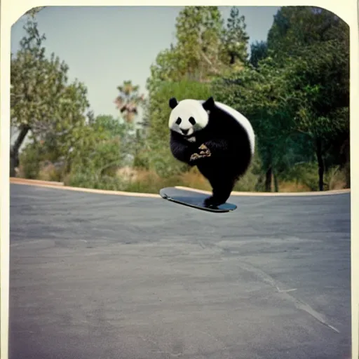 Prompt: high quality professional dslr photograph of a panda skateboarding in california. super resolution. surreal. extremely detailed. polaroid 6 0 0 film. by annie leibovitz and richard avedon