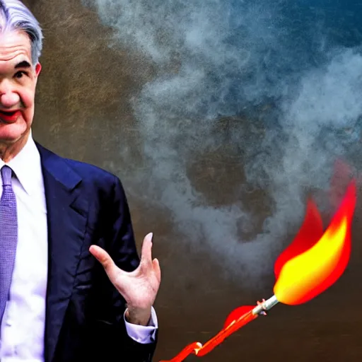 Image similar to photo of Jerome Powell with whiteface clown makeup using a flamethrower projecting a long flame, highly-detailed