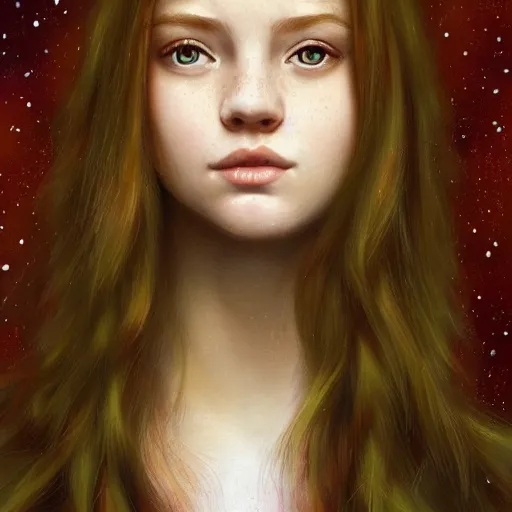 Prompt: highly detailed portrait of a red haired girl, long hair, green eyes, hint of freckles, beautiful round face, soft amazed smiles, among golden fireflies, deep focus, elegant, digital painting, smooth, sharp focus, golden ratio, illustration, ultra realistic, 8 k, art by artgerm and caravaggio