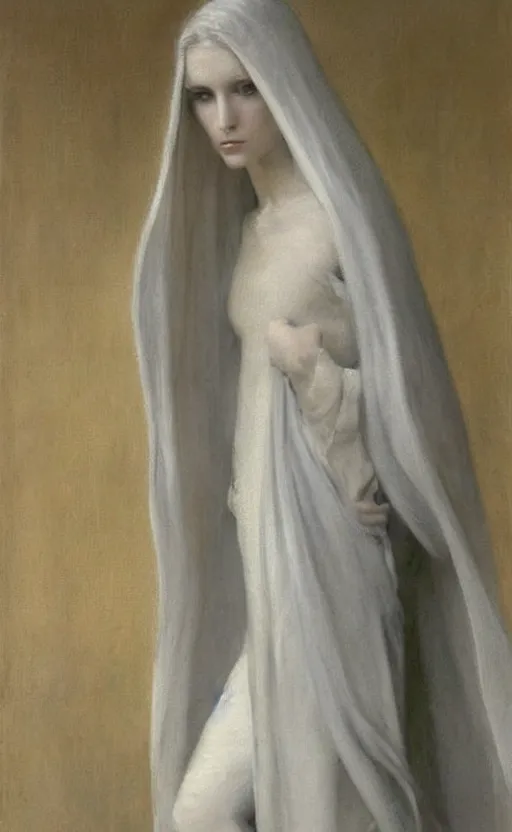 Prompt: who is this with silver hair so pale and wan! and thin!? petite female angel, wearing long silver robes, flowing hair, pale fair skin, you g face, silver hair, covered!!, clothed!! lucien levy - dhurmer, jean deville, oil on canvas, 1 8 9 6, 4 k resolution, aesthetic!, mystery