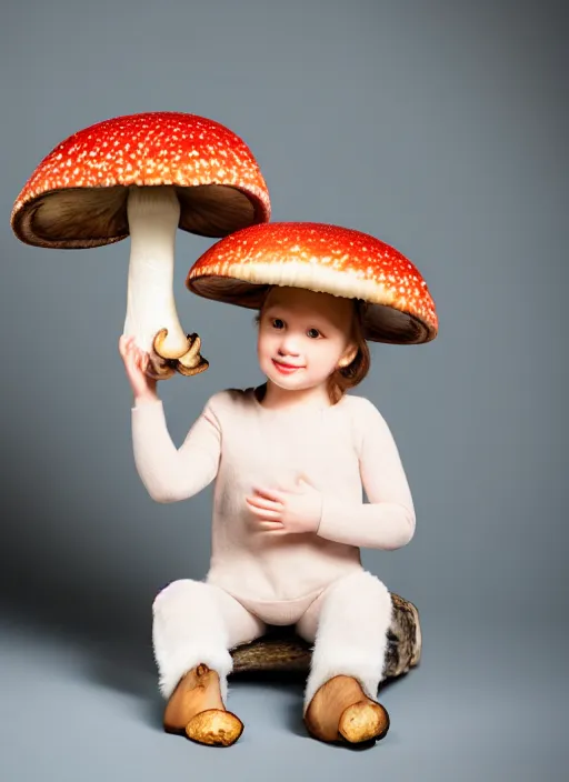 Image similar to studio portrait still of cute creature sitting next to a mushroom, 8 k, studio lighting, key light,