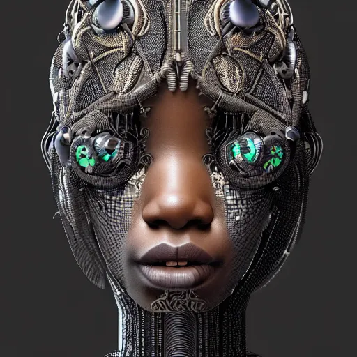 Prompt: portrait of an absurdly beautiful, graceful, sophisticated, fashionable black cyberpunk mechanoid gravure idol, hyperdetailed illustration by irakli nadar, maria borges, matt wisniewski style, intricate linework, dark skin, neon jellyfish headdress, intricate ivory carved ruff, unreal engine 5 highly rendered, global illumination, radiant light, detailed and intricate environment