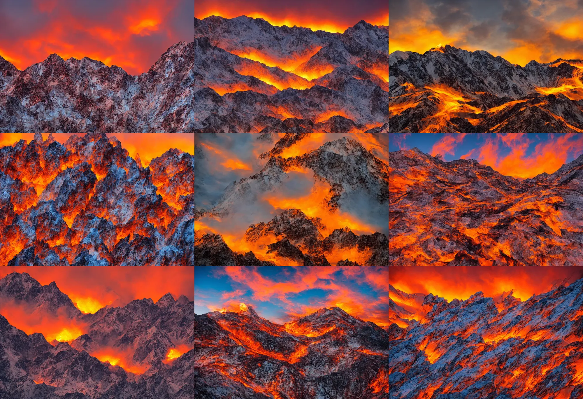 Prompt: fiery 🏔, national geographic award winning photography, sunset, marble