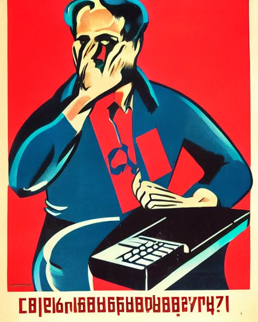 Image similar to soviet propaganda poster of an angry communist developer yelling at his computer