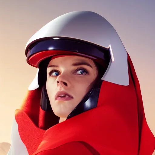 Image similar to headshot of an beautiful female soldier in glossy sleek primarily white armor with tiny red details and a long red cape, upward angle, determined expression, no helmet, on the surface of mars, night time, cinematic, sci-fi, hyperrealistic